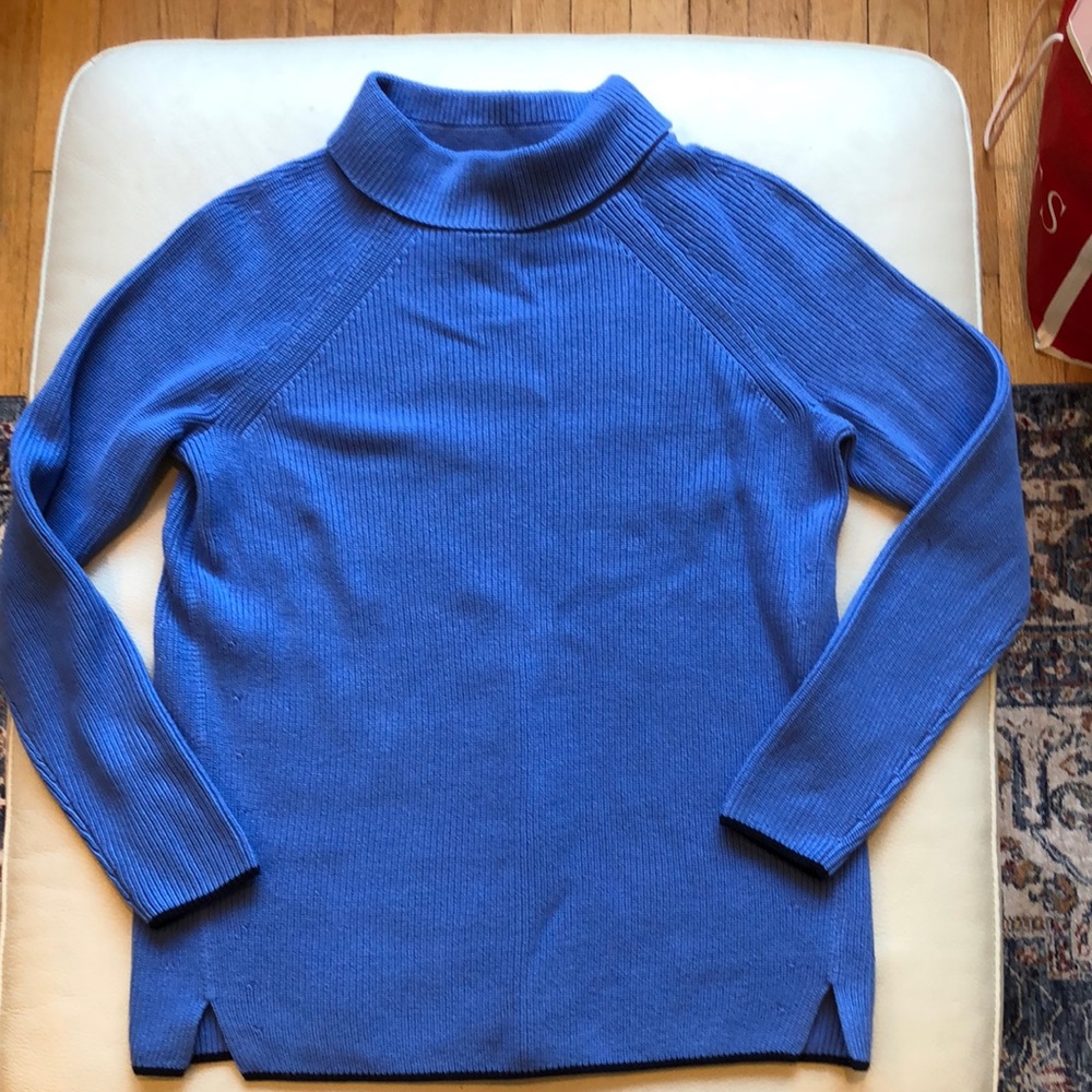 Talbots cerulean blue mock turtleneck tunic with navy trim